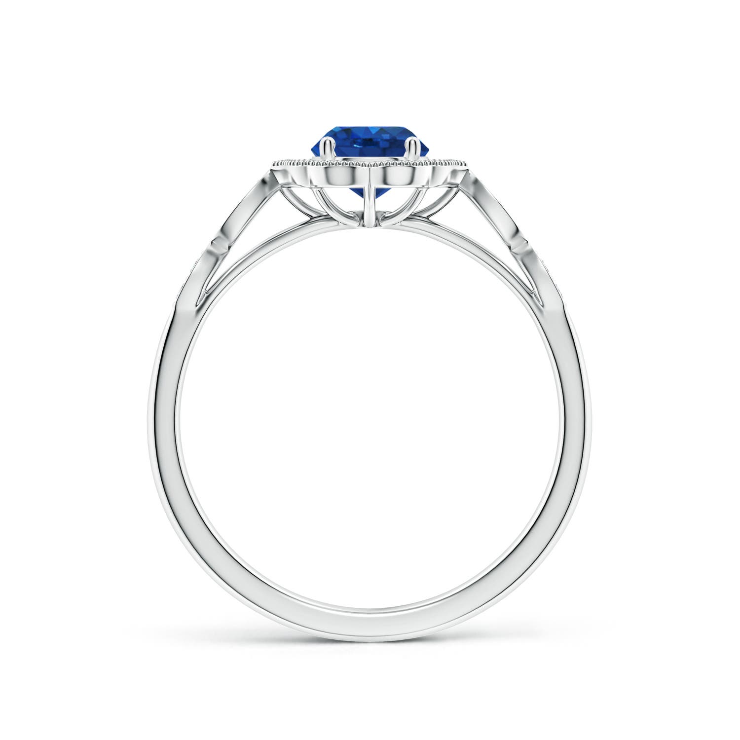 5mm AAA Vintage Inspired Round Blue Sapphire Ornate Halo Engagement Ring in 18K White Gold - side 2