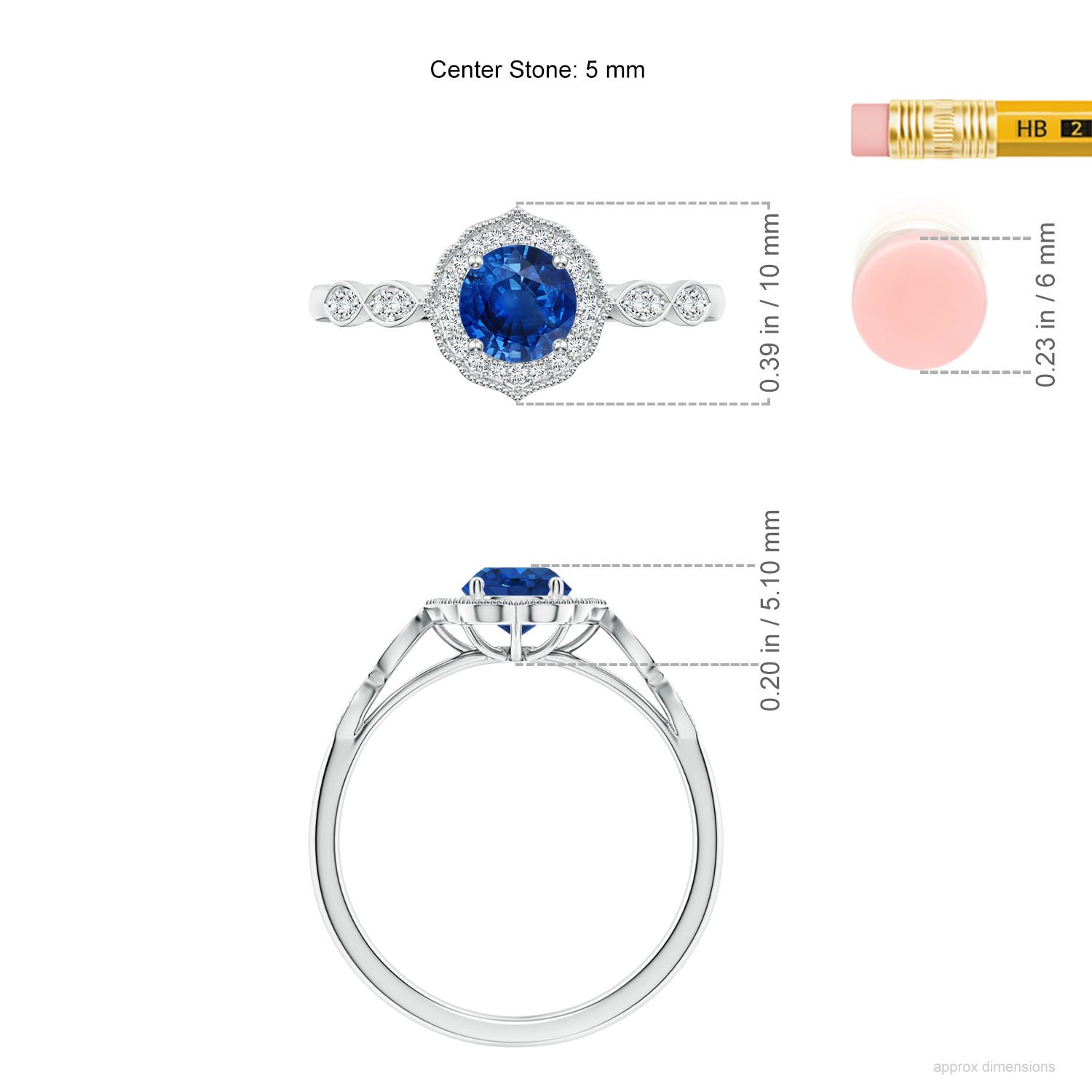 5mm AAA Vintage Inspired Round Blue Sapphire Ornate Halo Engagement Ring in 18K White Gold - ruler