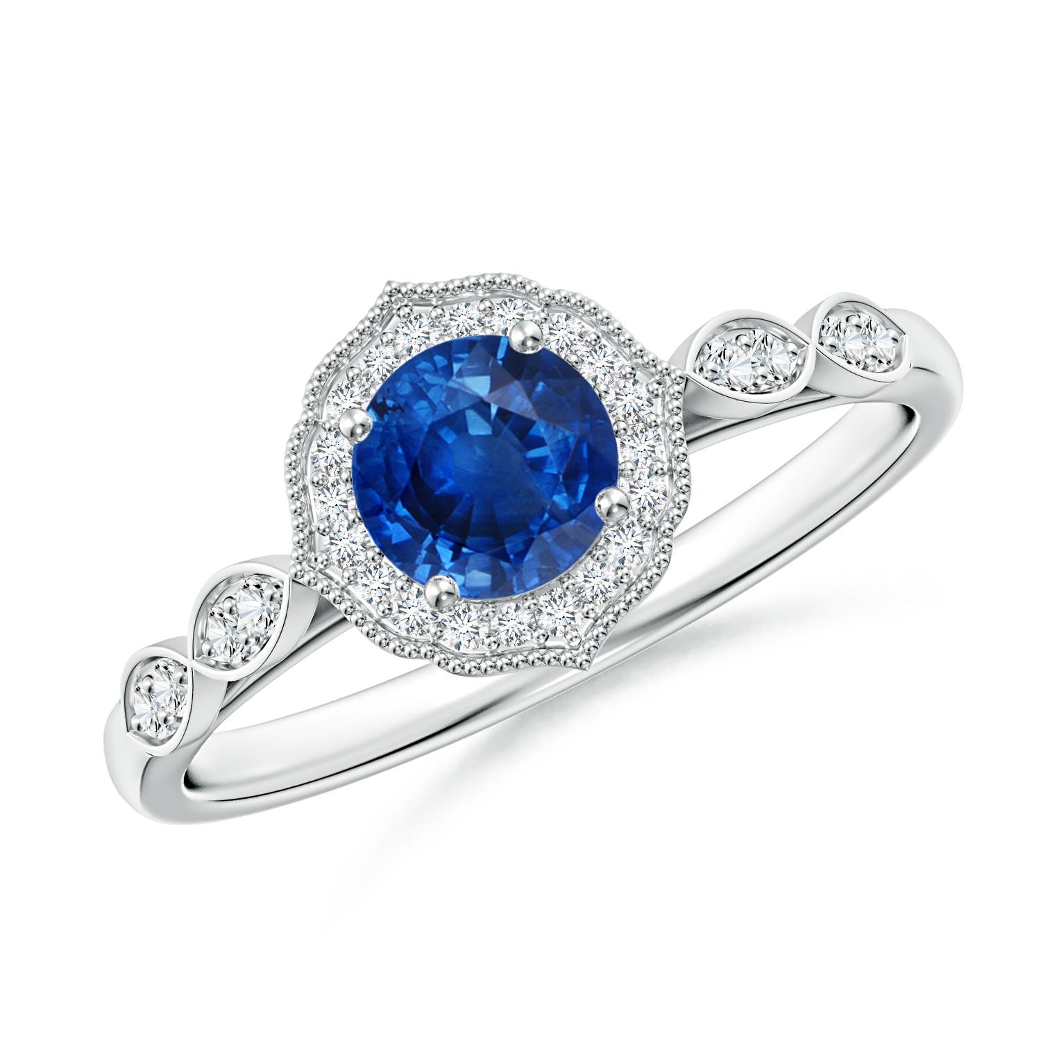 5mm AAA Vintage Inspired Round Blue Sapphire Ornate Halo Engagement Ring in White Gold