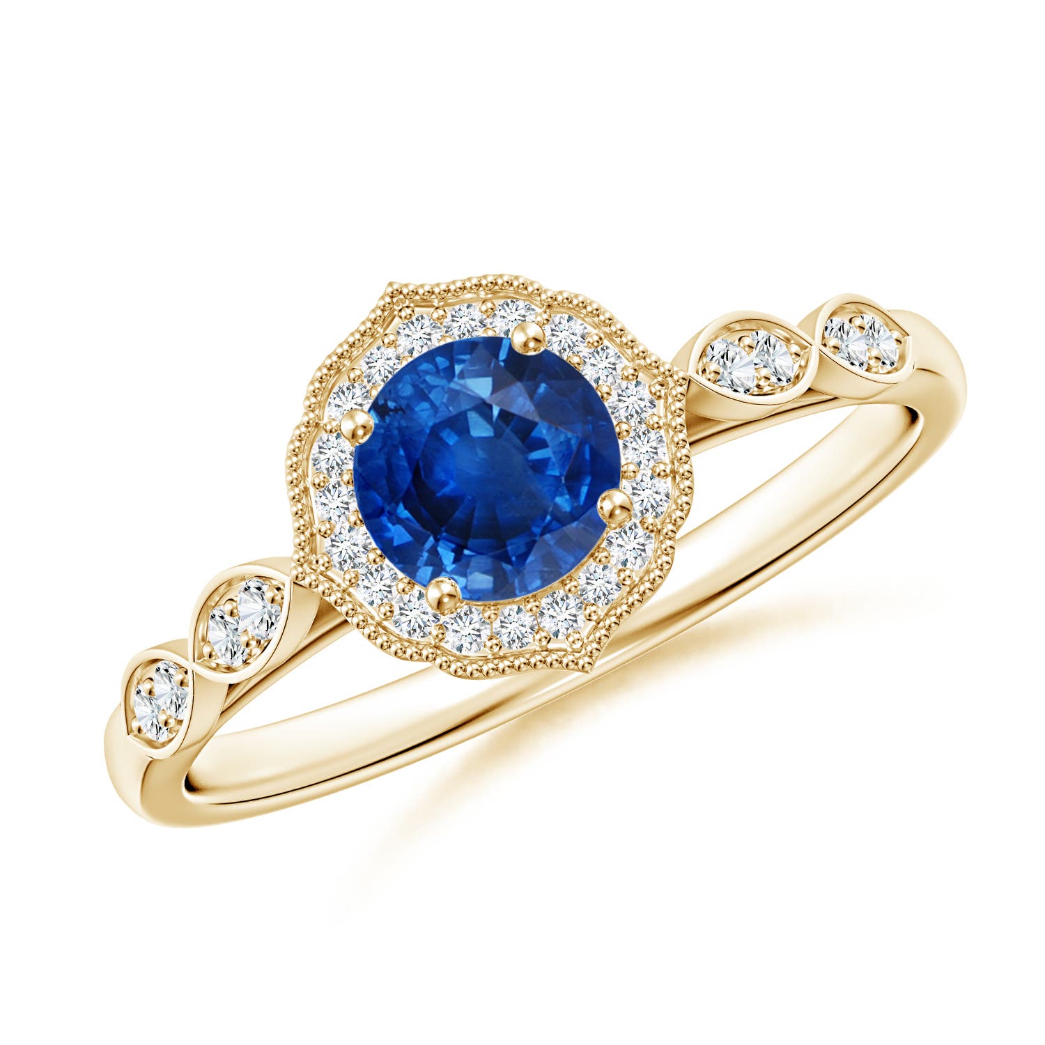 5mm AAA Vintage Inspired Round Blue Sapphire Ornate Halo Engagement Ring in Yellow Gold