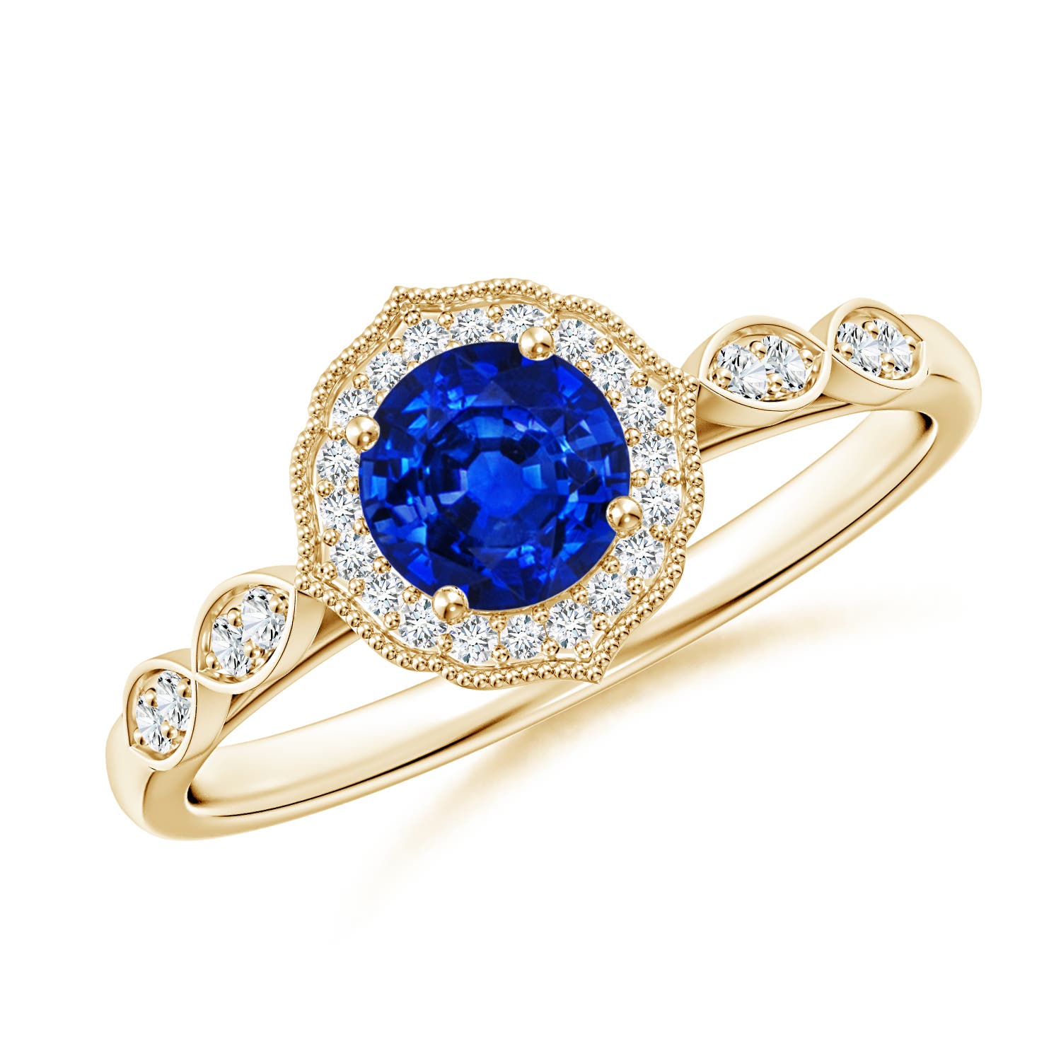 5mm AAAA Vintage Inspired Round Blue Sapphire Ornate Halo Engagement Ring in Yellow Gold