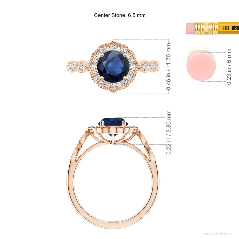 6.5mm AA Vintage Inspired Round Blue Sapphire Ornate Halo Engagement Ring in Rose Gold ruler