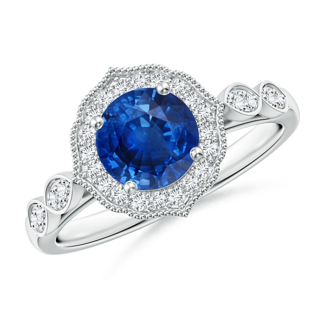 6.5mm AAA Vintage Inspired Round Blue Sapphire Ornate Halo Engagement Ring in White Gold