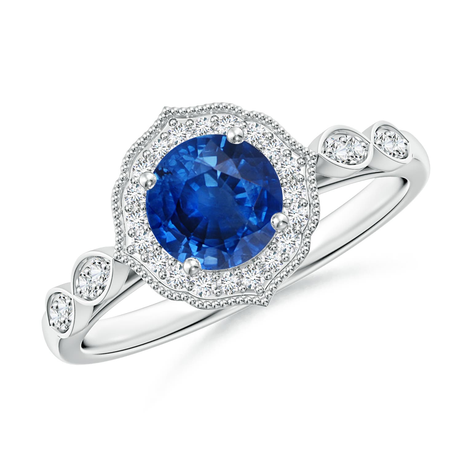 6mm AAA Vintage Inspired Round Blue Sapphire Ornate Halo Engagement Ring in White Gold
