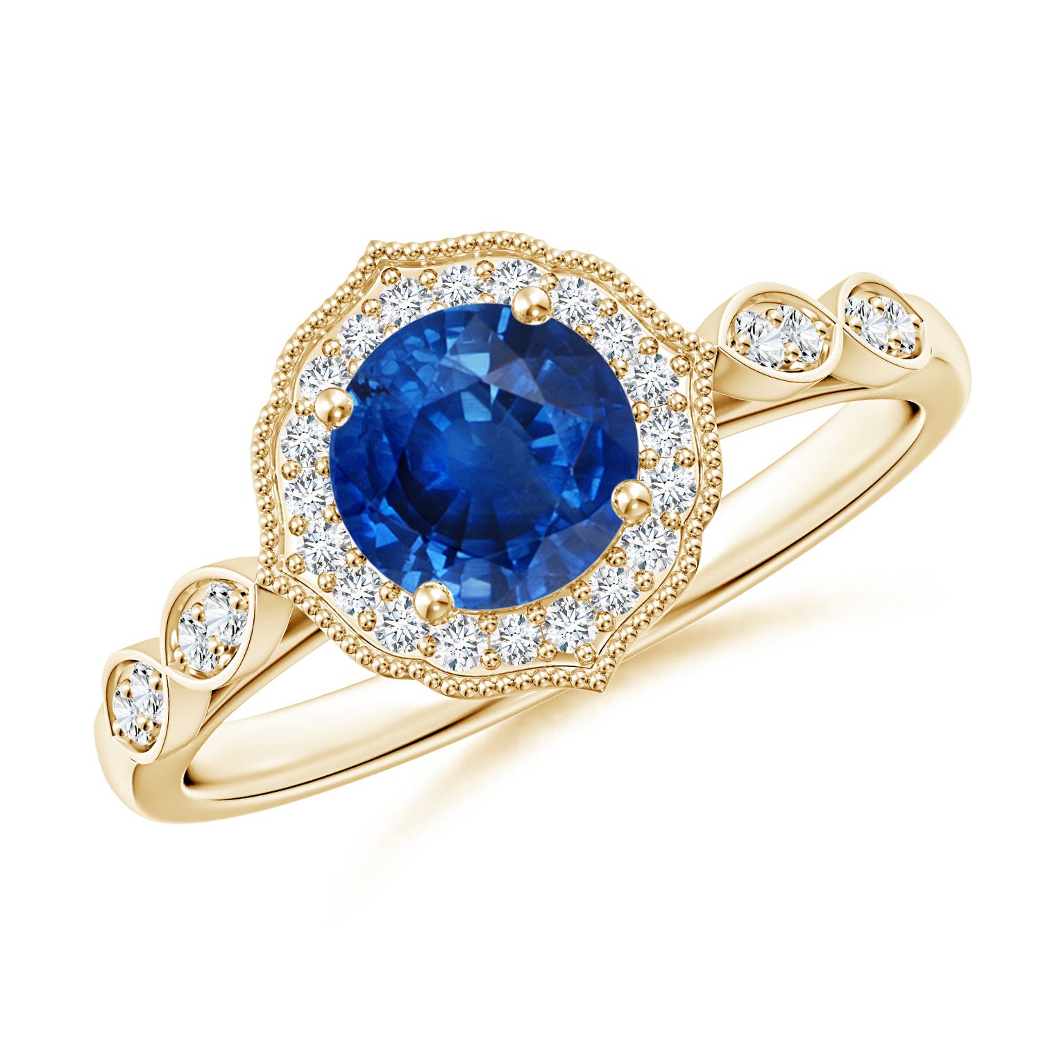6mm AAA Vintage Inspired Round Blue Sapphire Ornate Halo Engagement Ring in Yellow Gold