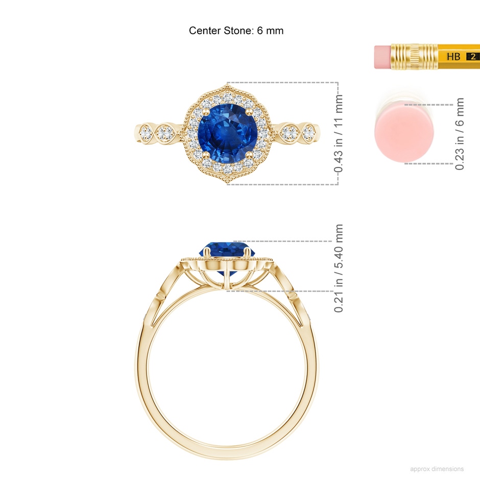 6mm AAA Vintage Inspired Round Blue Sapphire Ornate Halo Engagement Ring in Yellow Gold ruler
