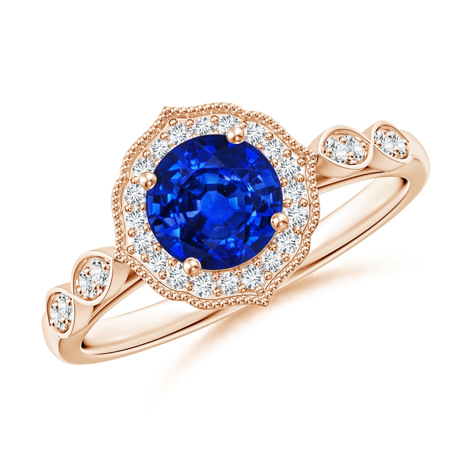 6mm AAAA Vintage Inspired Round Blue Sapphire Ornate Halo Engagement Ring in Rose Gold 