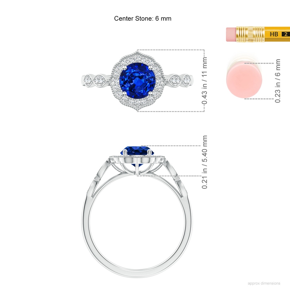 6mm AAAA Vintage Inspired Round Blue Sapphire Ornate Halo Engagement Ring in White Gold ruler