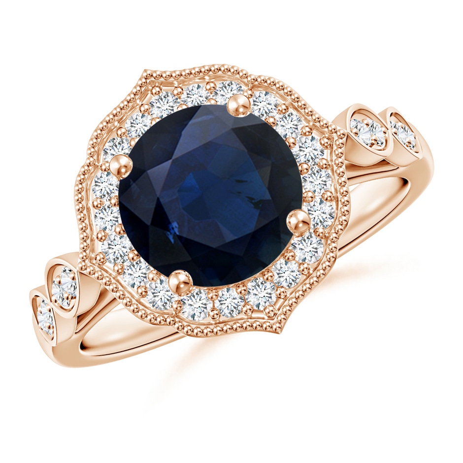 8mm A Vintage Inspired Round Blue Sapphire Ornate Halo Engagement Ring in Rose Gold 