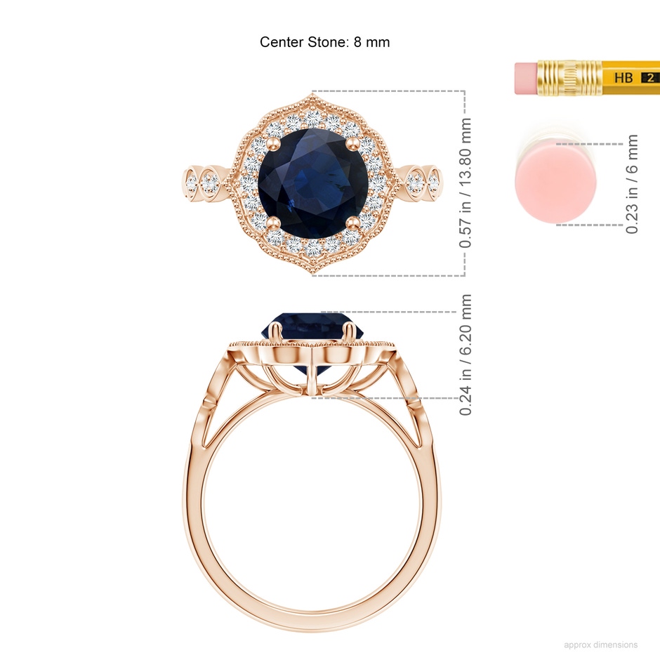 8mm A Vintage Inspired Round Blue Sapphire Ornate Halo Engagement Ring in Rose Gold ruler
