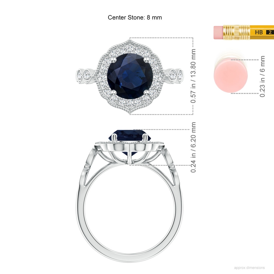 8mm A Vintage Inspired Round Blue Sapphire Ornate Halo Engagement Ring in White Gold ruler