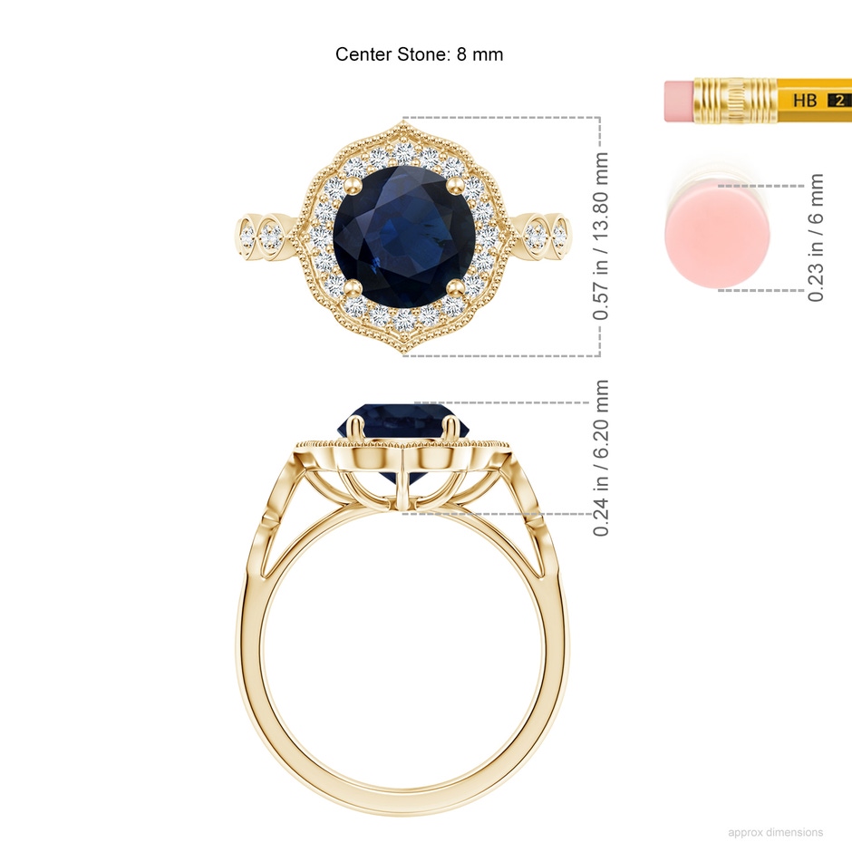 8mm A Vintage Inspired Round Blue Sapphire Ornate Halo Engagement Ring in Yellow Gold ruler