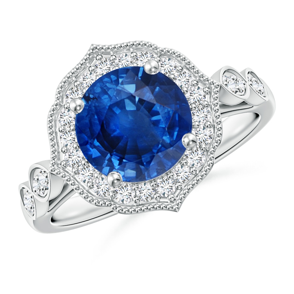 8mm AAA Vintage Inspired Round Blue Sapphire Ornate Halo Engagement Ring in P950 Platinum 
