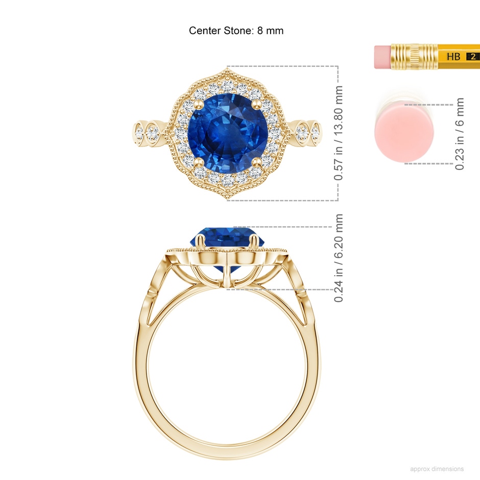 8mm AAA Vintage Inspired Round Blue Sapphire Ornate Halo Engagement Ring in Yellow Gold ruler