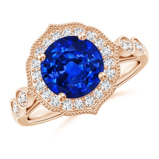 8mm AAAA Vintage Inspired Round Blue Sapphire Ornate Halo Engagement Ring in 9K Rose Gold