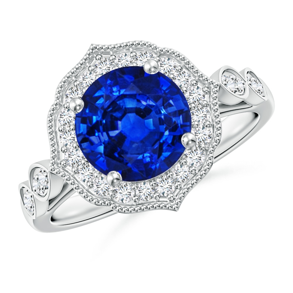 8mm AAAA Vintage Inspired Round Blue Sapphire Ornate Halo Engagement Ring in P950 Platinum 