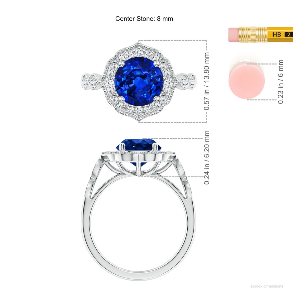 8mm AAAA Vintage Inspired Round Blue Sapphire Ornate Halo Engagement Ring in P950 Platinum ruler
