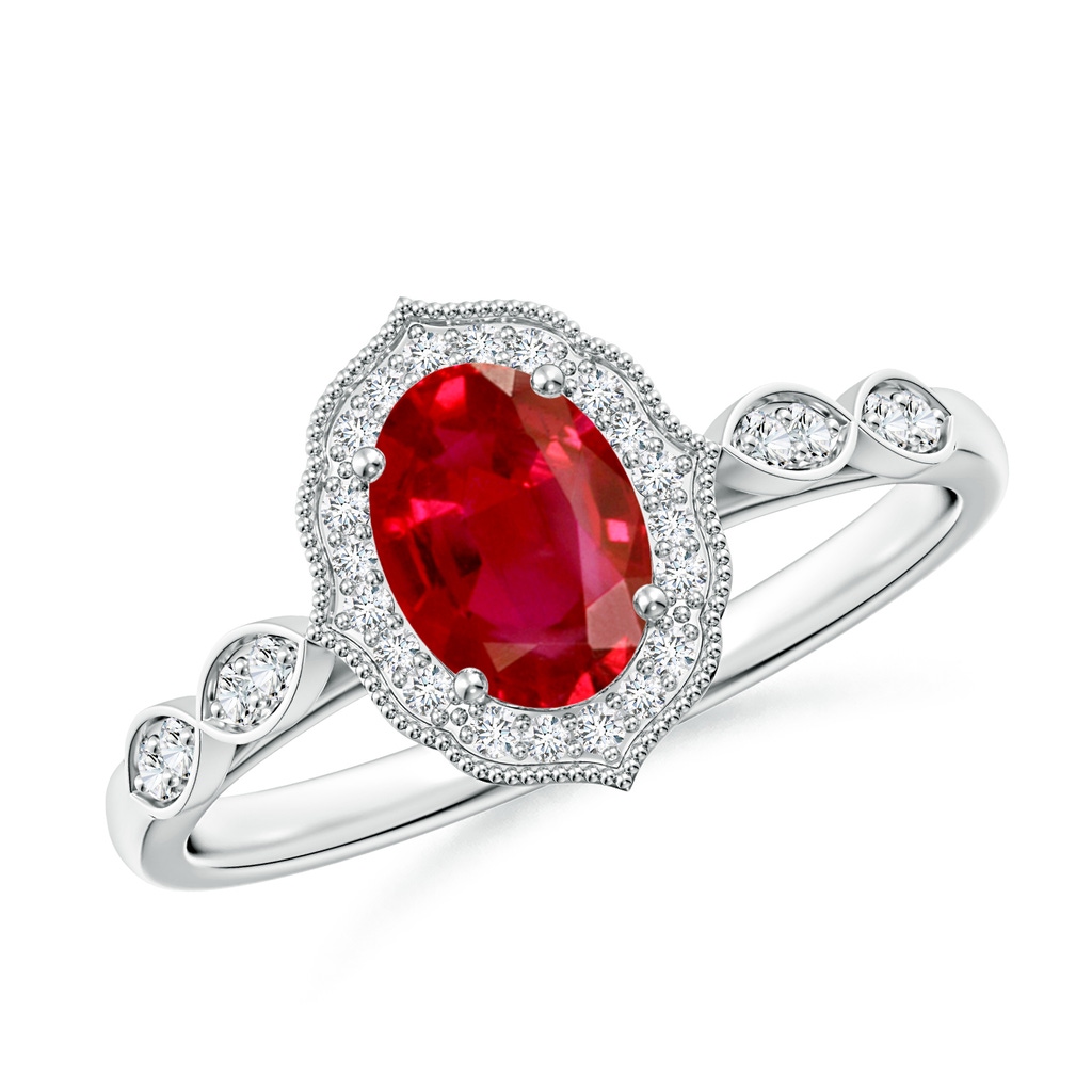 7x5mm AAA Vintage Inspired Oval Ruby Ornate Halo Engagement Ring in 18K White Gold