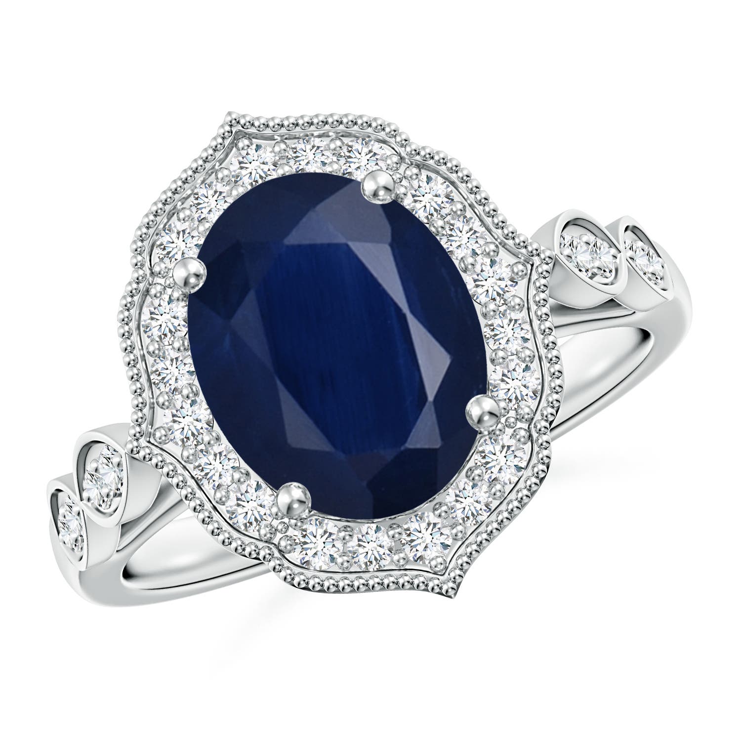 10x8mm A Vintage Inspired Oval Blue Sapphire Ornate Halo Engagement Ring in P950 Platinum