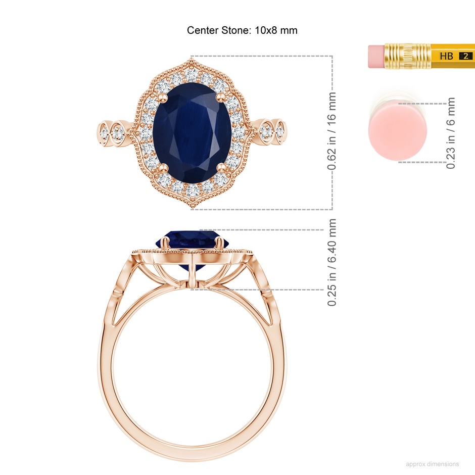 10x8mm A Vintage Inspired Oval Blue Sapphire Ornate Halo Engagement Ring in Rose Gold ruler