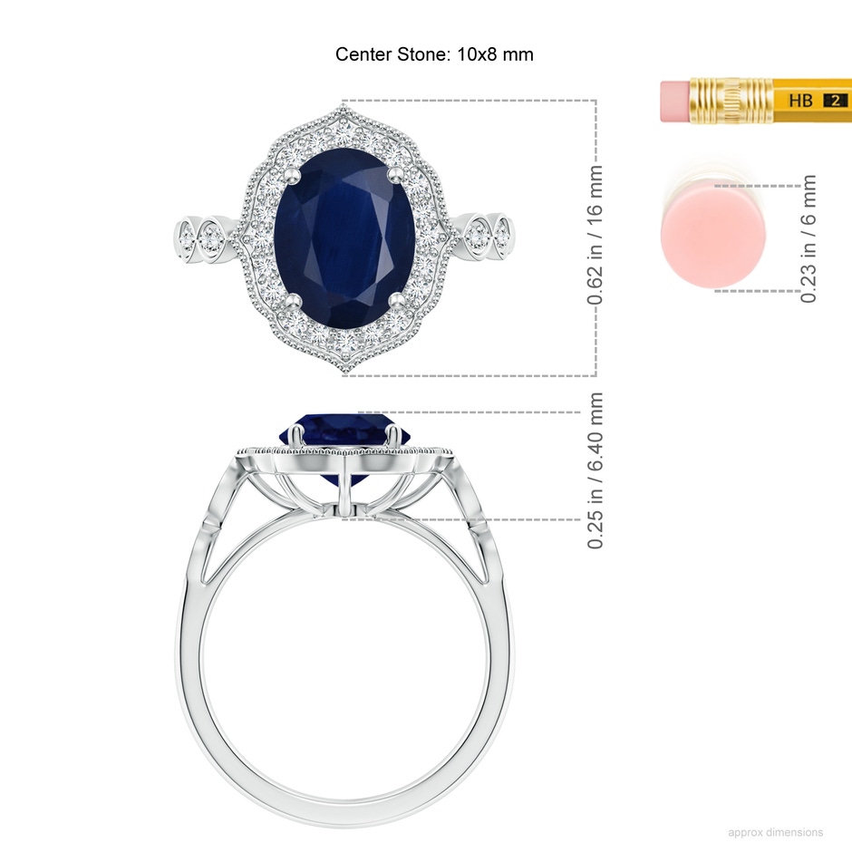 10x8mm A Vintage Inspired Oval Blue Sapphire Ornate Halo Engagement Ring in White Gold ruler
