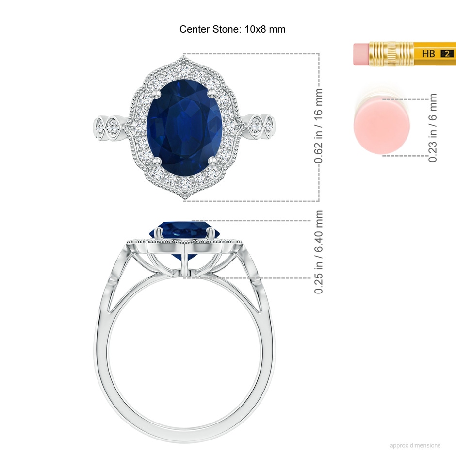 10x8mm AA Vintage Inspired Oval Blue Sapphire Ornate Halo Engagement Ring in White Gold ruler