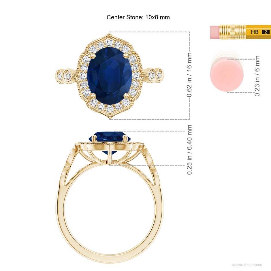 10x8mm AA Vintage Inspired Oval Blue Sapphire Ornate Halo Engagement Ring in Yellow Gold ruler
