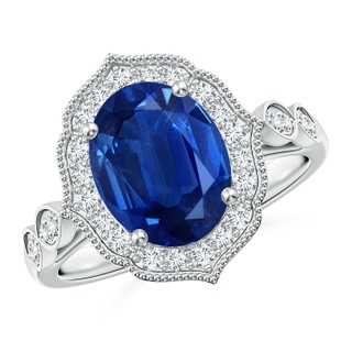 10x8mm AAA Vintage Inspired Oval Blue Sapphire Ornate Halo Engagement Ring in P950 Platinum