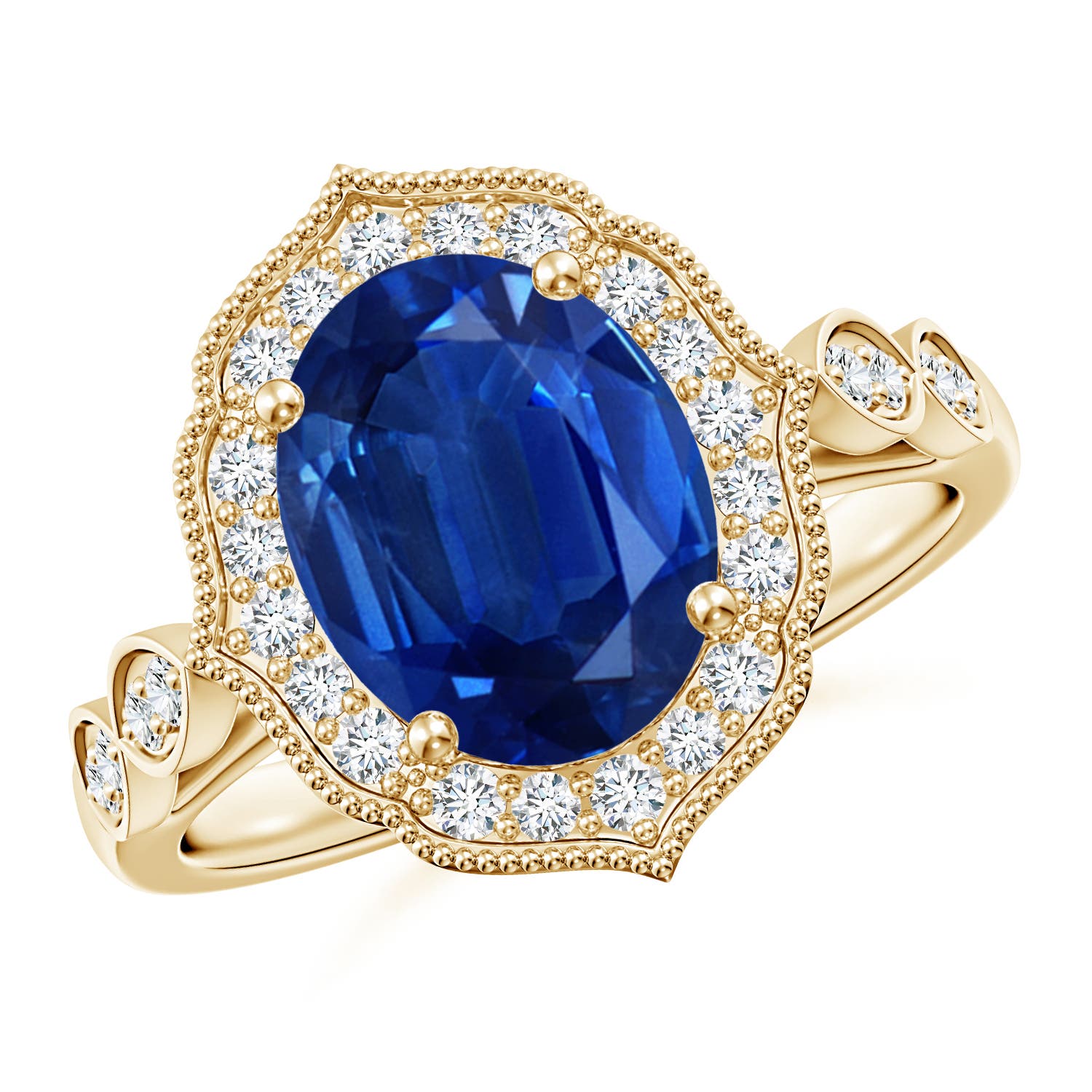 10x8mm AAA Vintage Inspired Oval Blue Sapphire Ornate Halo Engagement Ring in Yellow Gold