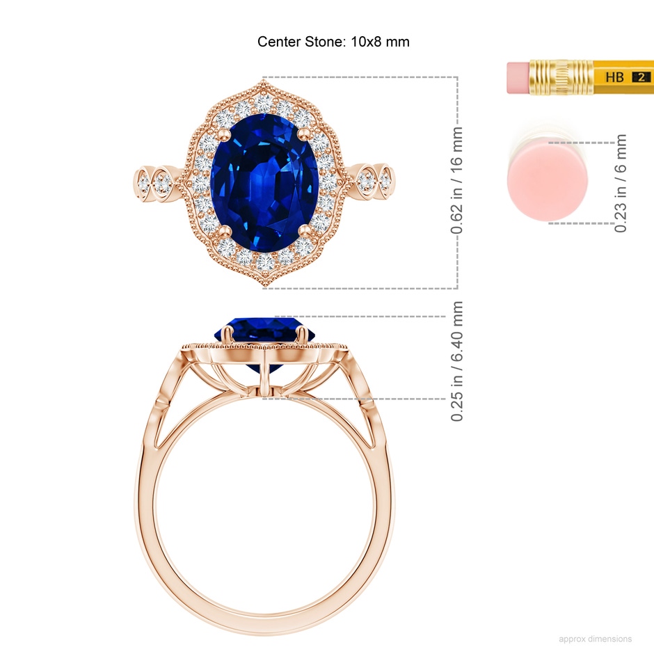 10x8mm AAAA Vintage Inspired Oval Blue Sapphire Ornate Halo Engagement Ring in Rose Gold ruler