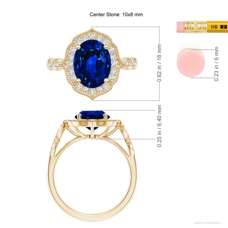 10x8mm AAAA Vintage Inspired Oval Blue Sapphire Ornate Halo Engagement Ring in Yellow Gold ruler
