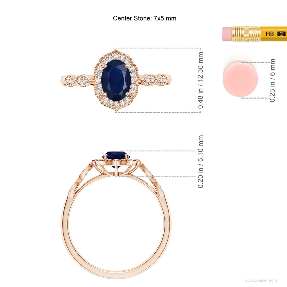 7x5mm A Vintage Inspired Oval Blue Sapphire Ornate Halo Engagement Ring in Rose Gold ruler