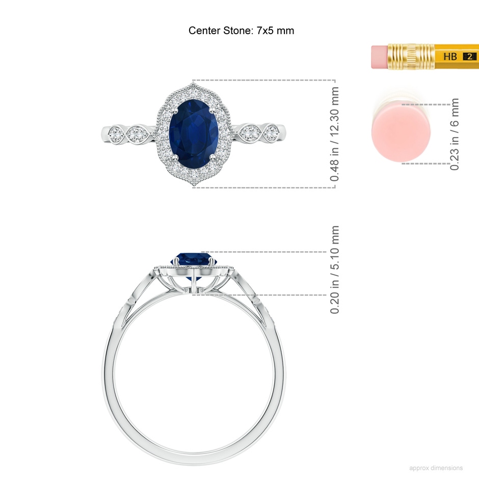 7x5mm AA Vintage Inspired Oval Blue Sapphire Ornate Halo Engagement Ring in White Gold ruler