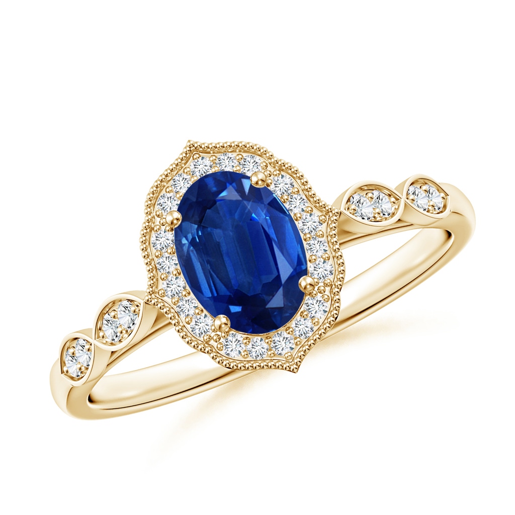 7x5mm AAA Vintage Inspired Oval Blue Sapphire Ornate Halo Engagement Ring in 18K Yellow Gold