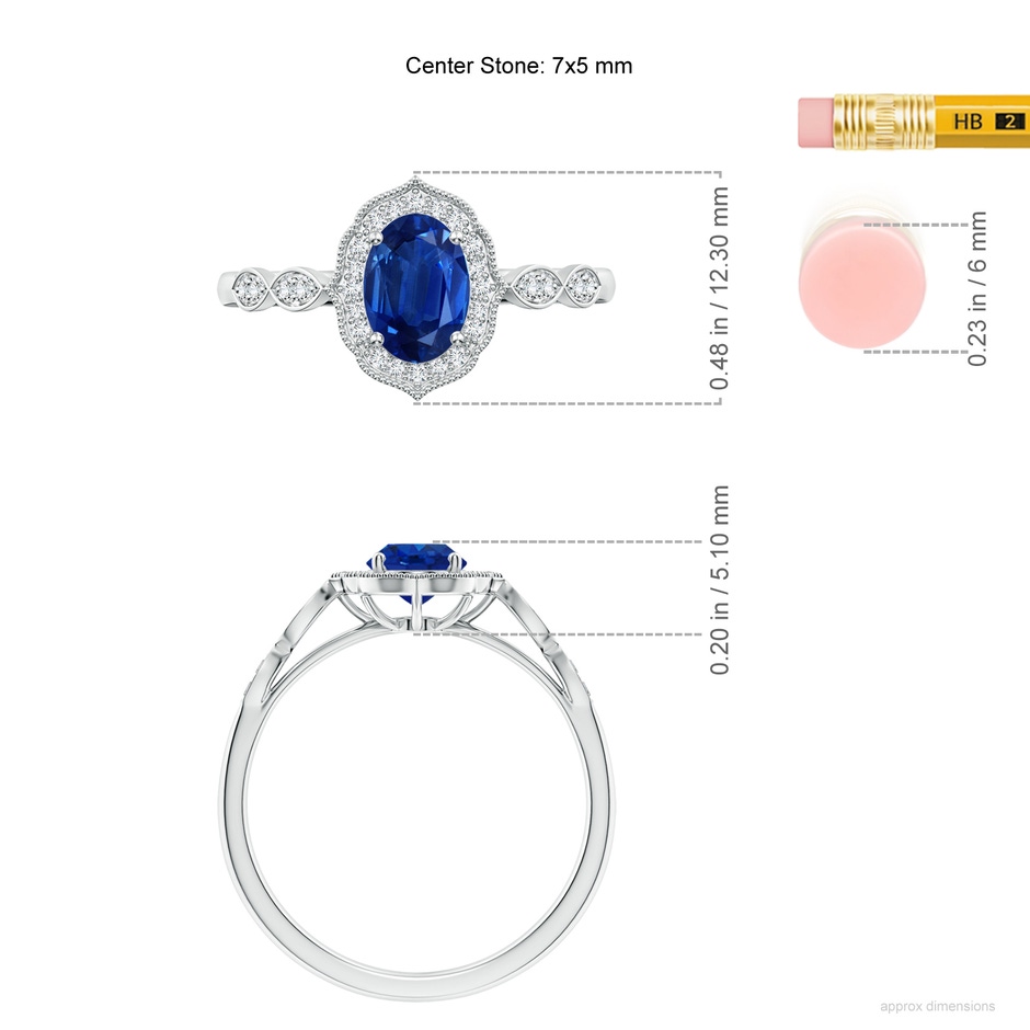7x5mm AAA Vintage Inspired Oval Blue Sapphire Ornate Halo Engagement Ring in P950 Platinum ruler