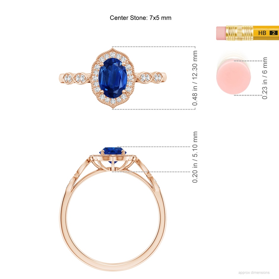 7x5mm AAA Vintage Inspired Oval Blue Sapphire Ornate Halo Engagement Ring in Rose Gold ruler