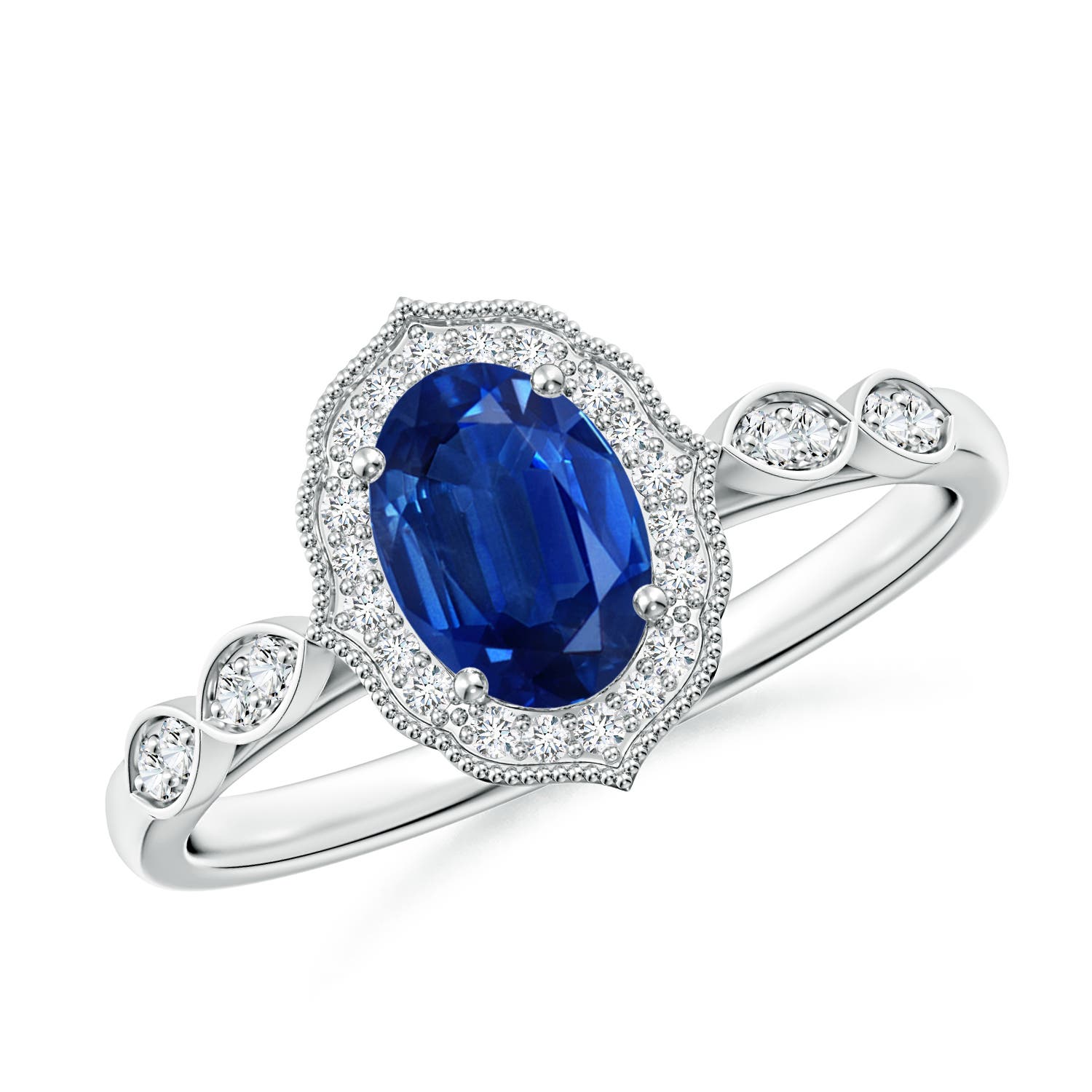 7x5mm AAA Vintage Inspired Oval Blue Sapphire Ornate Halo Engagement Ring in White Gold