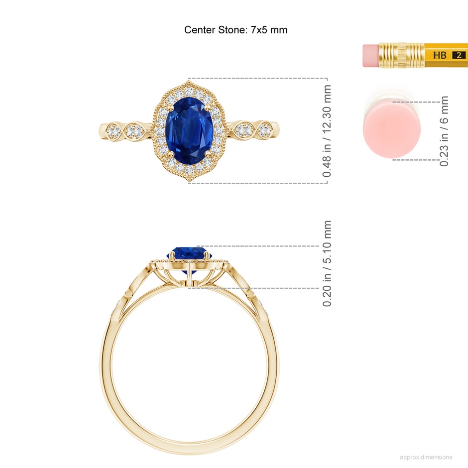 7x5mm AAA Vintage Inspired Oval Blue Sapphire Ornate Halo Engagement Ring in Yellow Gold ruler
