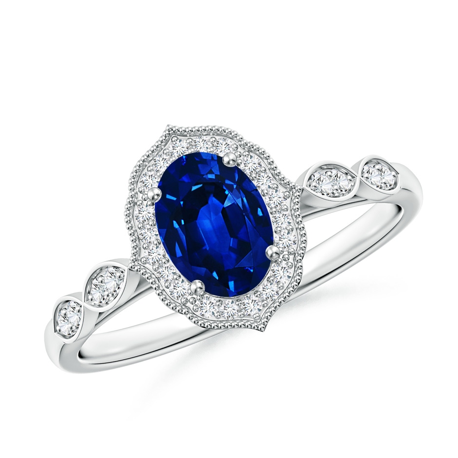 7x5mm AAAA Vintage Inspired Oval Blue Sapphire Ornate Halo Engagement Ring in White Gold 