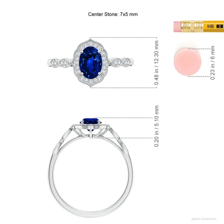 7x5mm AAAA Vintage Inspired Oval Blue Sapphire Ornate Halo Engagement Ring in White Gold ruler