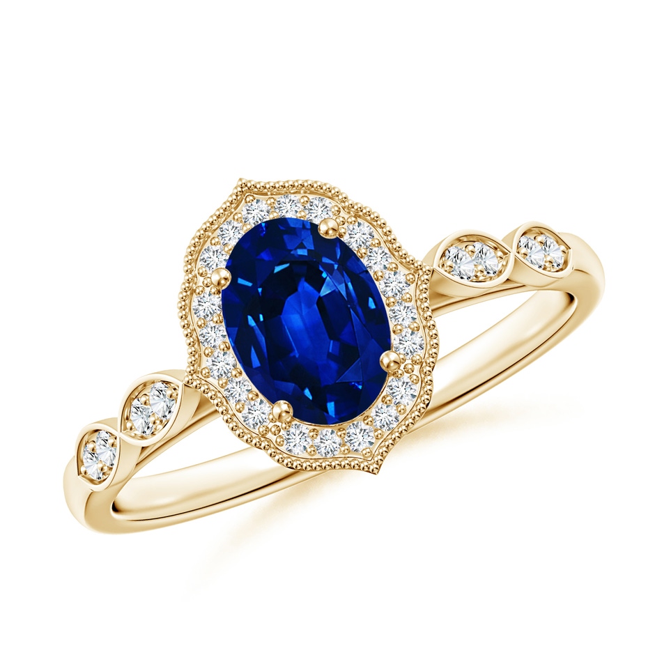 7x5mm AAAA Vintage Inspired Oval Blue Sapphire Ornate Halo Engagement Ring in Yellow Gold 