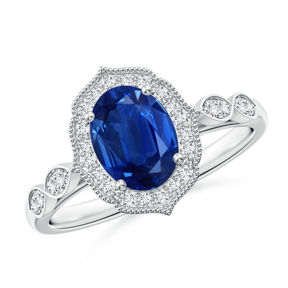 8x6mm AAA Vintage Inspired Oval Blue Sapphire Ornate Halo Engagement Ring in White Gold 