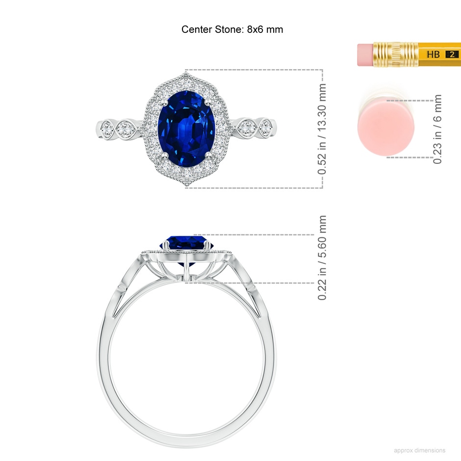 8x6mm AAAA Vintage Inspired Oval Blue Sapphire Ornate Halo Engagement Ring in White Gold ruler