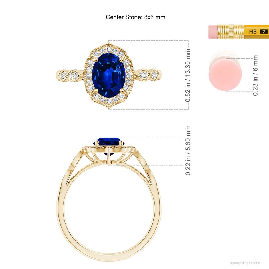 8x6mm AAAA Vintage Inspired Oval Blue Sapphire Ornate Halo Engagement Ring in Yellow Gold ruler