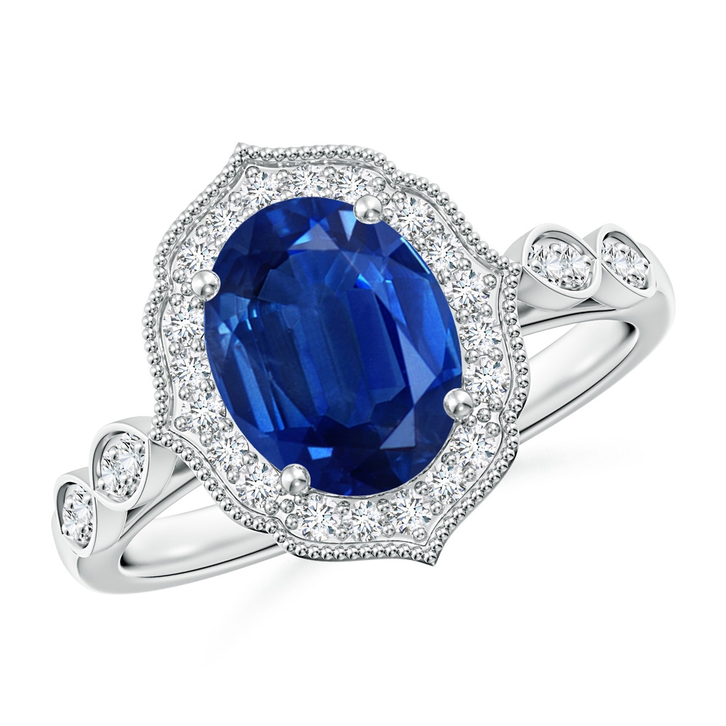 9x7mm AAA Vintage Inspired Oval Blue Sapphire Ornate Halo Engagement Ring in White Gold