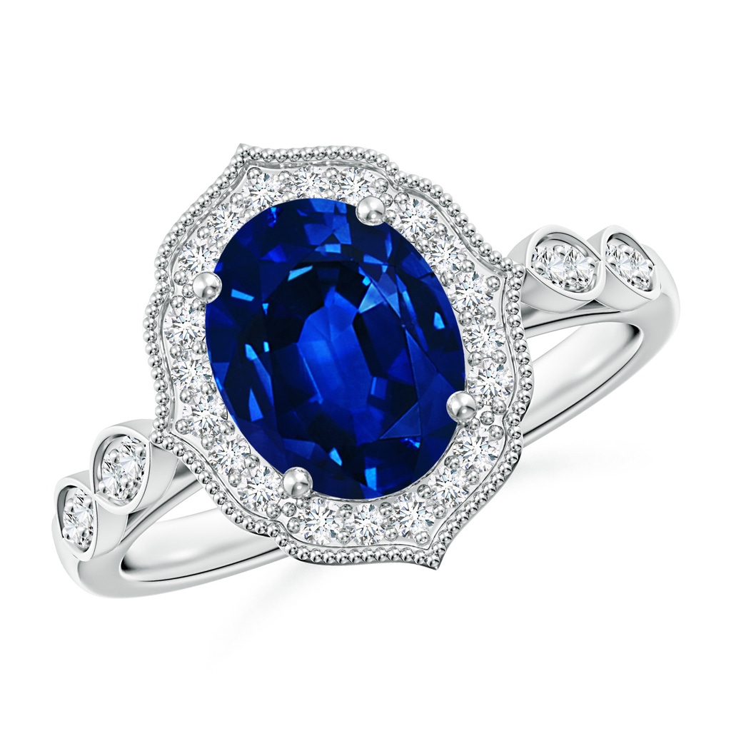 9x7mm Lab-Grown Vintage Inspired Oval Blue Sapphire Ornate Halo Engagement Ring in White Gold