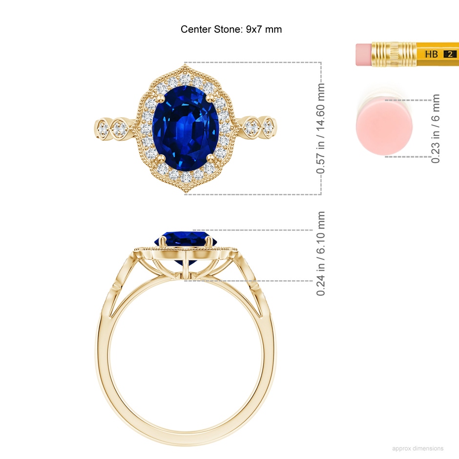 9x7mm AAAA Vintage Inspired Oval Blue Sapphire Ornate Halo Engagement Ring in Yellow Gold ruler