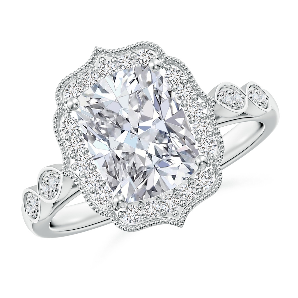 8.5x6.5mm HSI2 Vintage Inspired Cushion Rectangular Diamond Ornate Halo Engagement Ring in White Gold