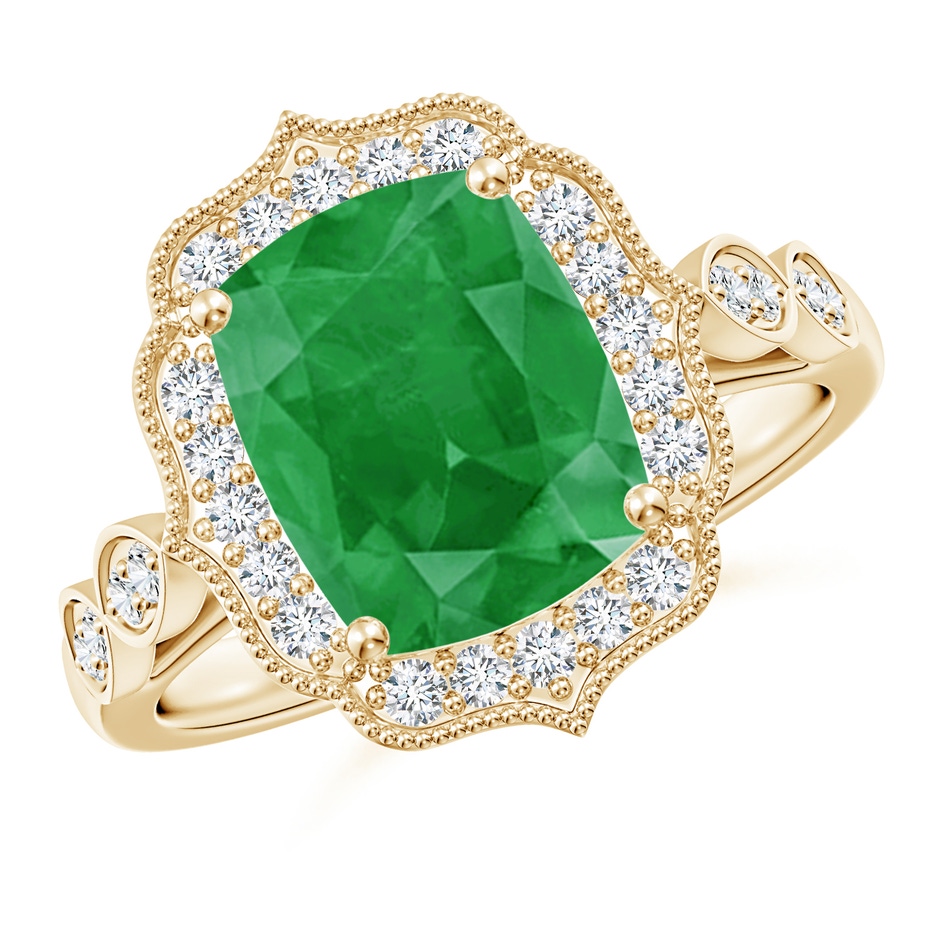 10x8mm A Vintage Inspired Cushion Rectangular Emerald Ornate Halo Engagement Ring in Yellow Gold 