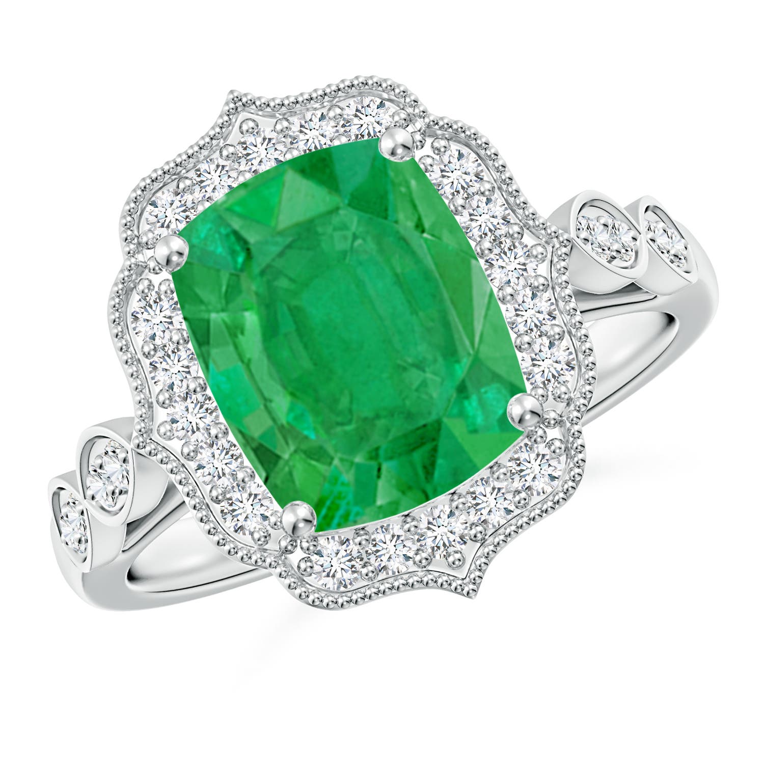 10x8mm AA Vintage Inspired Cushion Rectangular Emerald Ornate Halo Engagement Ring in P950 Platinum